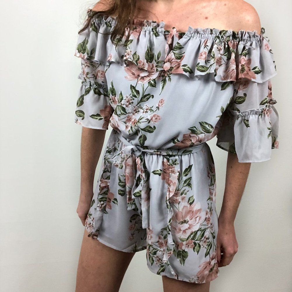 WAYF Jasper Off The Shoulder Blue Pink Romper